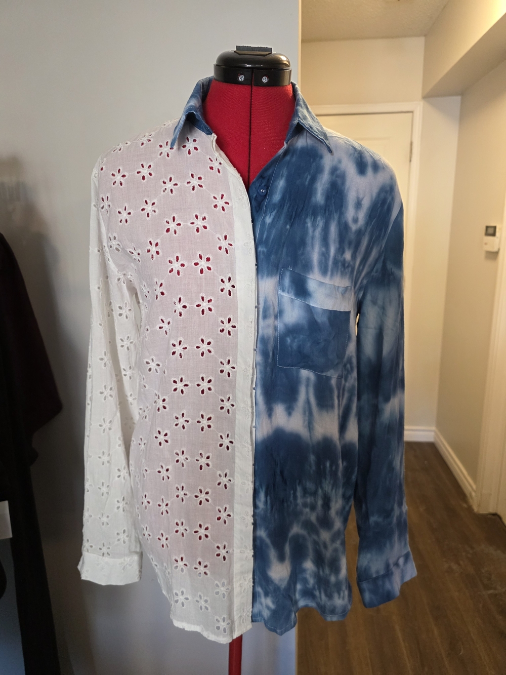 Tie-Dye and White Eyelet Two Tone Button-Up Beachy Shirt